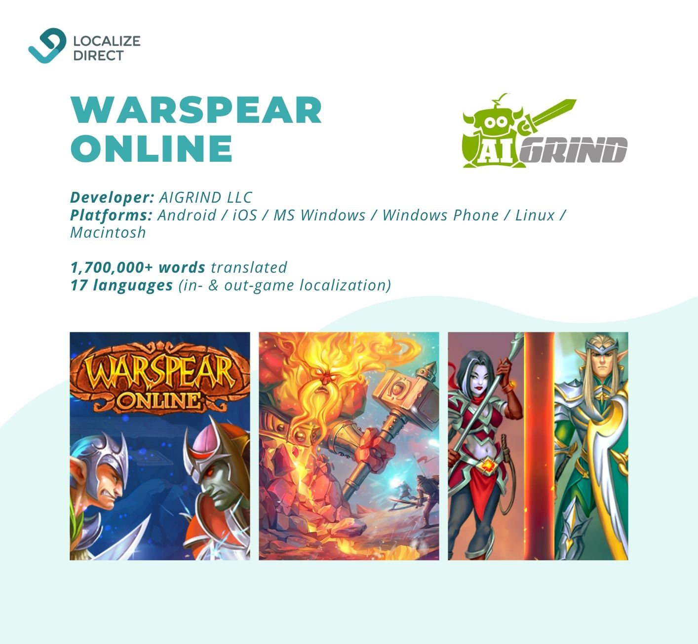 Warspear Online: in-game text translated from Russian into English and then into 17 languages, with quick turnarounds to keep up with regular updates Cover art and character art from Warspear Online, a multiplayer RPG localized into 17 languages